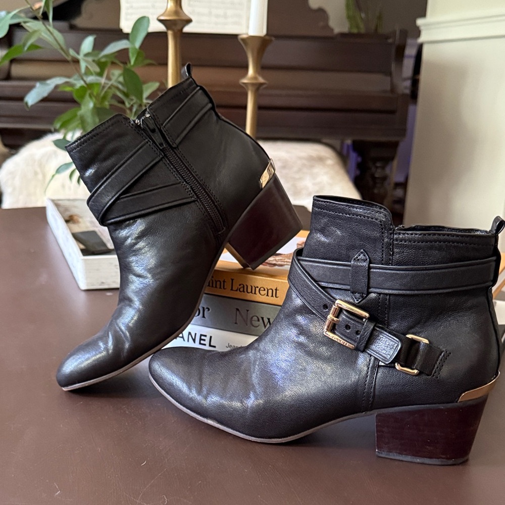 Coach Black Leather Ankle Boots with Gold Accents